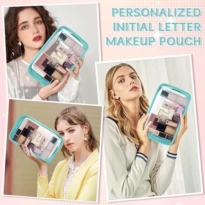 Personalized Initial Clear Makeup Bag, Travel Chenille Patch Cosmetic Bag, Preppy Toiletry Bag Monogram Cosmetic Pouch with Zipper, Ideal Gift for Teen Girls Women (Clear-Green, L)