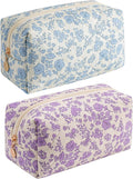 JOVAKIT Square Makeup Bag Cute Cosmetic Bag for Women, Floral Coquette Aesthetic Toiletry Bag, Zipper Make Up Pouch, Travel Make Up Organizer Bag (Blue+Big Purple Floral)