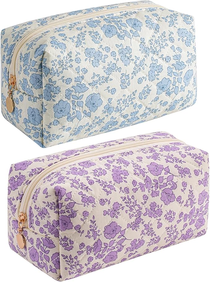 JOVAKIT Square Makeup Bag Cute Cosmetic Bag for Women, Floral Coquette Aesthetic Toiletry Bag, Zipper Make Up Pouch, Travel Make Up Organizer Bag (Blue+Big Purple Floral)