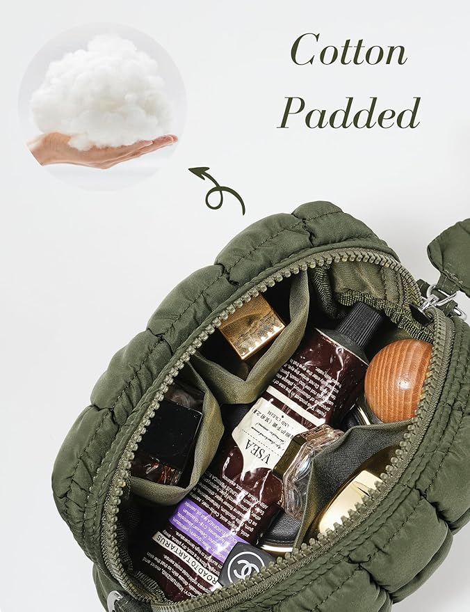Yarnic Quilted Makeup Bag Cosmetic Bag, Travel Toiletry Bag for Women, Cute Makeup Bag Organizer Puffer Makeup Pouch (S, Olive Green)