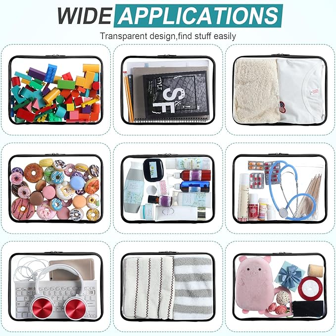 Sanwuta 6 Pcs Clear Hard Zipper Case Hard Plastic Zipper Pouches Makeup Bag Pencil Pouches Transparent Cases for Snacks Plastic Storage Organizer Box for Travel(Black,12.6 x 9 x 2 Inch)