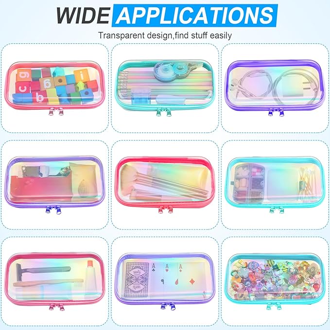 Sanwuta 6 Pcs Clear Hard Zipper Case Hard Plastic Zipper Pouches Makeup Bag Pencil Pouches Transparent Cases for Snacks Plastic Storage Organizer Box for Travel(Holographic,7.48 x 3.94 x 2 Inch)