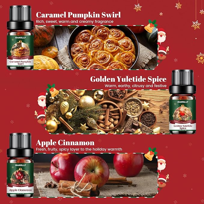 Christmas Fragrance Oil Set, 6 Premium Christmas Essential Oils for Diffuser, Candle Making - Caramel Pumpkin Swirl, Apple Cinnamon, Merry Berry Christmas, Christmas Fireplace Scented Oil Gift Set