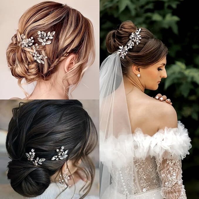 6 pcs Wedding Hair Accessories Bridal Hair Pins Silver Rhinestone with Pearls Hair Pieces for Brides Women Girls