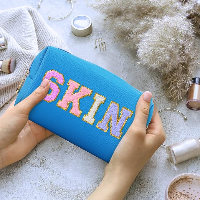 Sanwuta 9 Pcs Makeup Bags Bulk PU Double Zippers Cosmetic Bag Makeup Toiletry Christmas Small Pouch Portable Travel Organizers Case for Women Bridesmaid Party End of The Year(Blue)