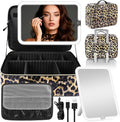 15''X11'' Makeup Bag with Removeable Lighted Mirror, Travel Makeup Case with 3 Color Lights Dimmable Brightness, Large Capacity Cosmetic Organizer Case with Detachable Dividers & Shoulder Strap