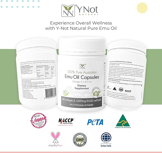 Emu Oil Capsules - Heart, Hair, Metabolism & Joint Support Supplement - Pharmaceutical Grade Emu Oil with CLA, Omegas 3, 6 & 9 with Vitamin K2, A & E by Y-Not Natural - 1000mg, 100 Capsules
