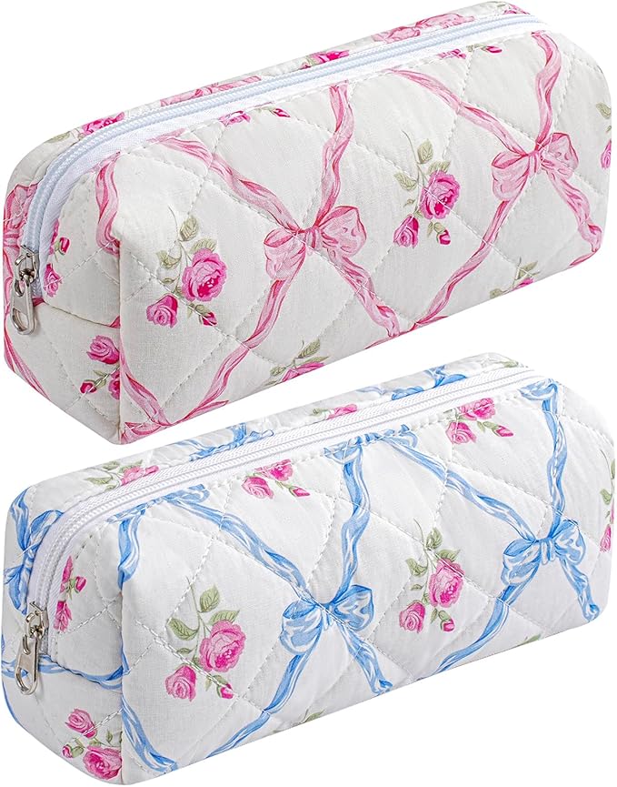 Cute Floral Cotton Makeup Brush Cosmetic Bag for Women, Travel Quilted Zipper Make Up Bag, Flowers Toiletry Organizer Case Kawaii Makeup Cosmetic Travel Cloth Pouch (Pink Bowknot+Blue Bowknot)