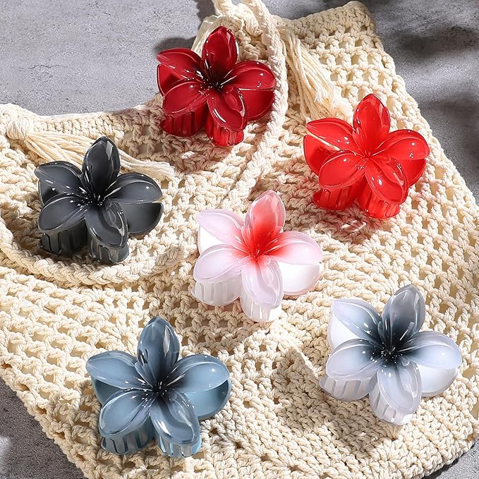 Flower Hair Clips 6 PCS Hawaiian Claw Clips for Vacation Hibiscus Hair Claw Clips Cute Large Hair Clips for Thick and Thin Hair Plumeria Hair Accessories for Women Girls -Dark Color