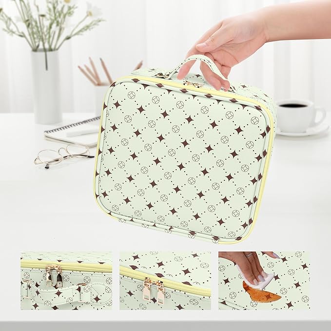 Travel Makeup Bag,Waterproof Cosmetic Organizer, Adjustable Dividers,Portability Cosmetic Train Case,Makeup organizer,Gift for Women,Girls Gift (Green+Yello)