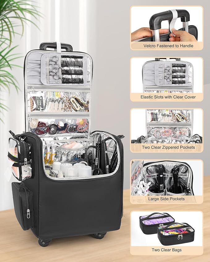 Relavel Rolling Makeup Train Case with Hair Stylist Backpack, Hairstylist Traveling Bag with 4 Wheels, Heat Insulation Full Layer, Adjustable Dividers, Hair Tools and Cosmetics Storage Organizer