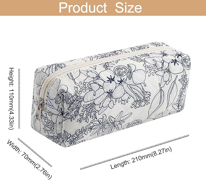 Cute Floral Cotton Makeup Brush Cosmetic Bag for Women, Travel Quilted Zipper Make Up Bag, Flowers Toiletry Organizer Case Kawaii Makeup Cosmetic Travel Cloth Pouch (Navy Blue Flower)