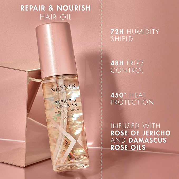 Nexxus Ultra Lightweight Hair Oil Repair & Nourish for Intense Nourishment with StyleProtect Technology & Rose of Jericho Oil 3.3 oz