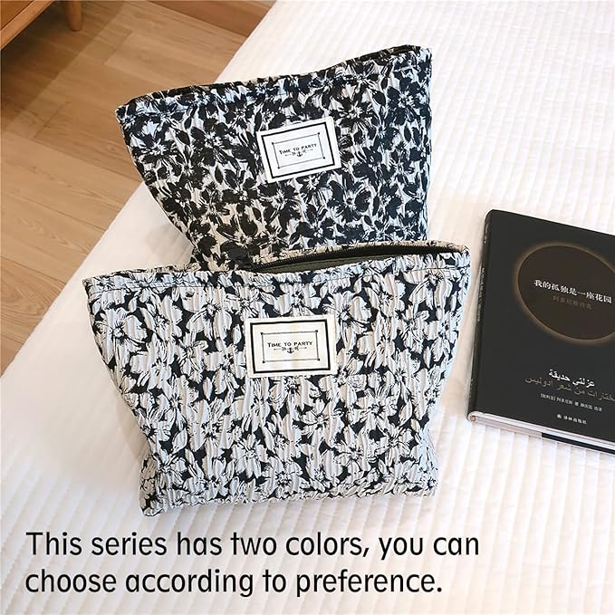 STARDW Aesthetic Floral Makeup Bag Cute Small Cosmetic Bags for Women Girls, Travel Toiletry Bag Large Capacity Zipper Makeup Pouch, Purse Organizer Pouches (White Flowers)