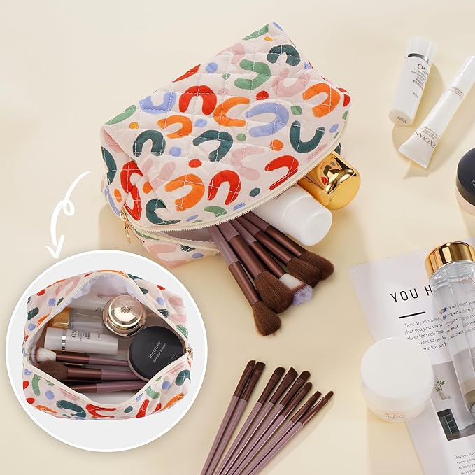 Makeup Bag Travel Toiletry Bag for Women, Small Cosmetic Bags Cute Quilted Cotton Makeup Pouch for Purse Emergency Bag for School Floral Pencil Case Accessory Bag, Colorful