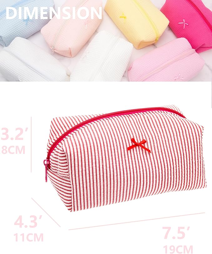 PAZIMIIK 2PCS Cozy Makeup Bag Small Aesthetic Travel Zipper Cosmetic Pouch for Women Make Up Beauty Accessories Brushes, Stripe Red