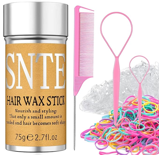 Hair Wax Stick & Styling Accessories - Tames Flyaways, Smooths Frizz, Sleek Ponytails & Buns for Kids, Teen Girls Gifts, 1000 Elastic Hair Ties, 1 Slick Back Hair Brush, 2 Hair Loop Styling Tools