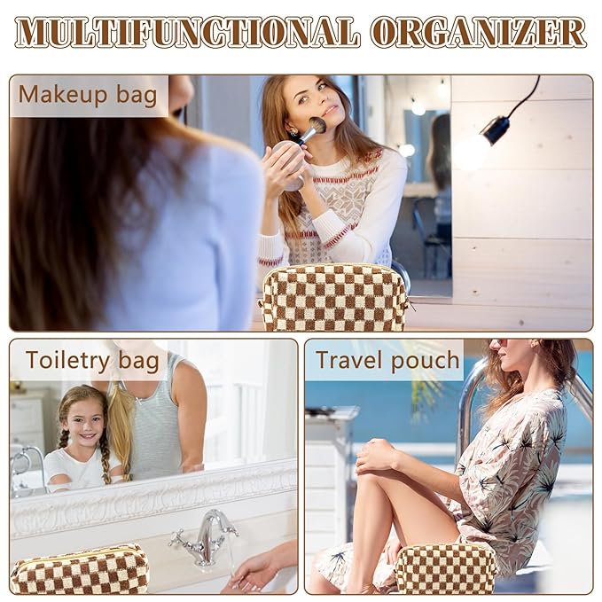 2Pcs Checkered Pencil Case Cute Pencil Pouch for Teens Checkered Makeup Bag Travel Cosmetic Bag Set Cute Makeup Pouch for Purse Portable Zippered Skincare Bags Preppy Toiletry Bags Organizer(Brown)