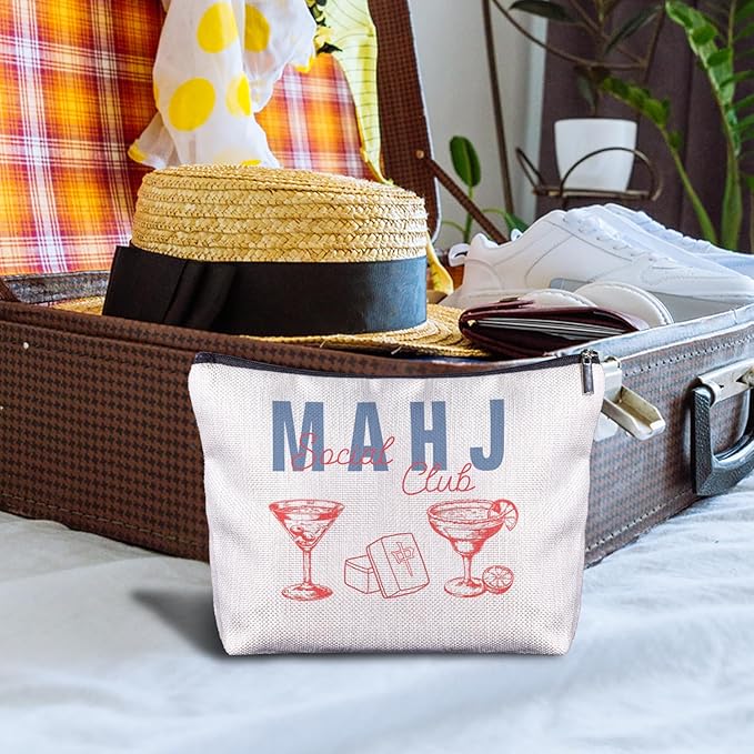 Trendy Mahjong Cocktail Makeup Bag, Mahjong Lover Player Gifts Cosmetic Bags for Women, Gifts for Cocktail Lovers Makeup Zipper Pouch