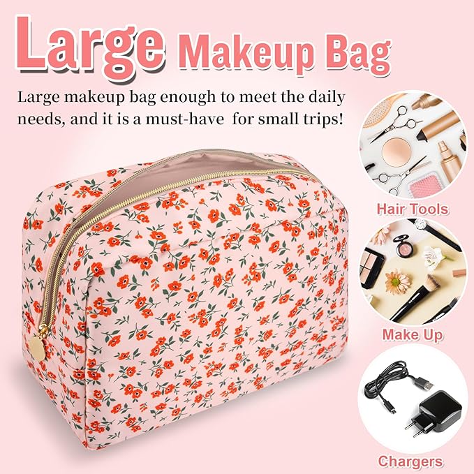 Nylon Large Floral Makeup Organizer Bag, Preppy Big Cute Flower Cosmetic Zipper Pouch Multi-compartment with Dividers, Waterproof Toiletry Make Up Brushes Bag Travel Essentials for Women(Pink-Floral)