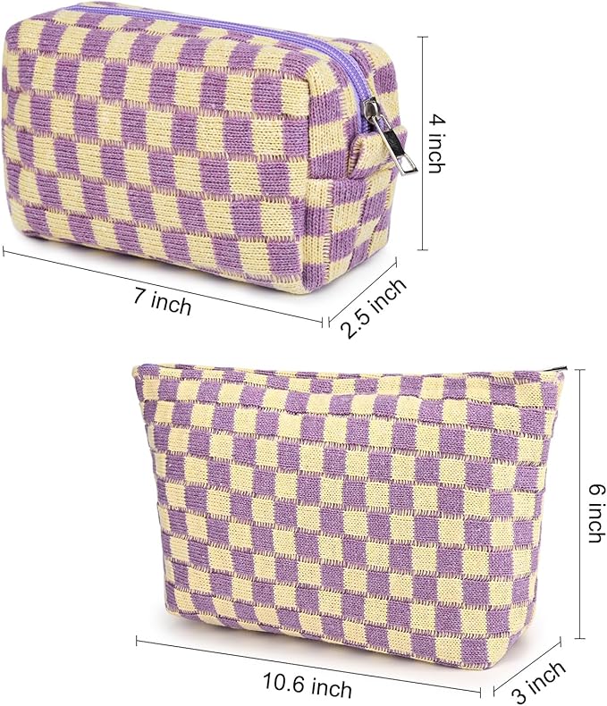 SOIDRAM 2 Pcs Checkered Makeup Bag Large Cosmetic Bag Toiletry Bag Makeup Pouch Travel Bag Organizer Cute Makeup Brushes Aesthetic Accessories Storage Bag for Women Purple