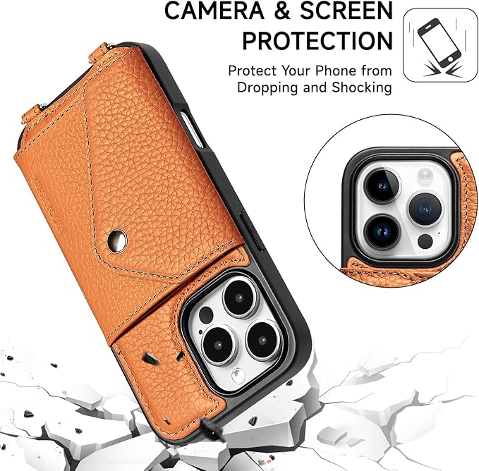 LUCKYCOIN Crossbody Wallet Phone Case for iPhone 16 Pro,100% Genuine Leather Wallet Phone Case with Expandable Flip Card Holder,Phone Purse for Women with Adjustable Removable Strap - Pebble Brown