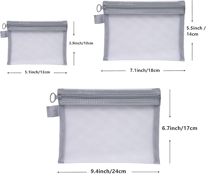 Quotidian Flat Clear Mesh Zipper Pouch Gray Makeup Brush Bag Travel Organizer 3-Size Pack of 9 - Vacation Gym Everyday Carry School