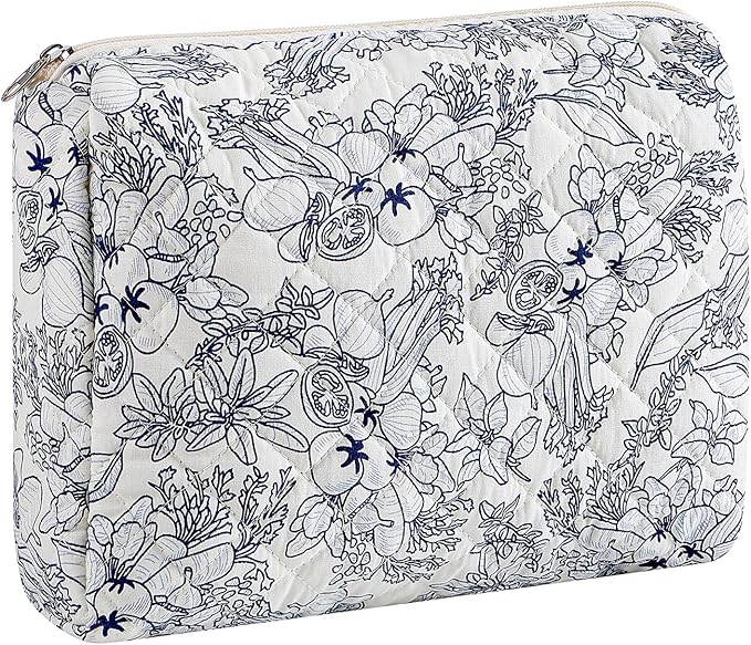 Makeup Bag Travel Cosmetic Bag for Women Girls, Zipper Make Up Pouch, Floral Flowers Toiletry Organizer Makeup, Portable Storage Bag, Cosmetic Travel Cloth Bag (L/Navy Blue Flower)