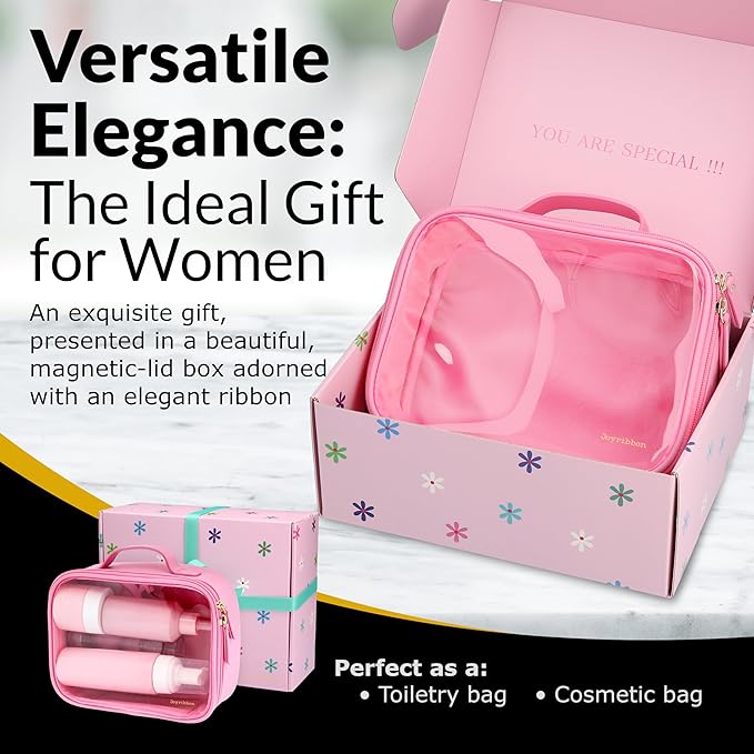Pink Makeup Cosmetic Bag, Travel Toiletry Bag, Cute Makeup Pouch, Transparent Travel Case, Clear Front, Waterproof and Quart Size Bag, Best Gift for Girls, Teens, Women