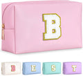 TOPEAST Preppy Patch Makeup Bag, Chenille Letter Pouch Cosmetic Bag, PU Leather Waterproof Toiletry Bag, Personalized Birthday Gift for Women Girl, Cute Stuff for Girls (Pink B)