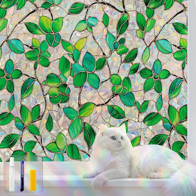 Window Privacy Film Stained Glass Window Film Rainbow Window Film Window clings Non-Adhesive Reusable Decorative for Room(Green Rainbow, 45.2 X 78.7 in)