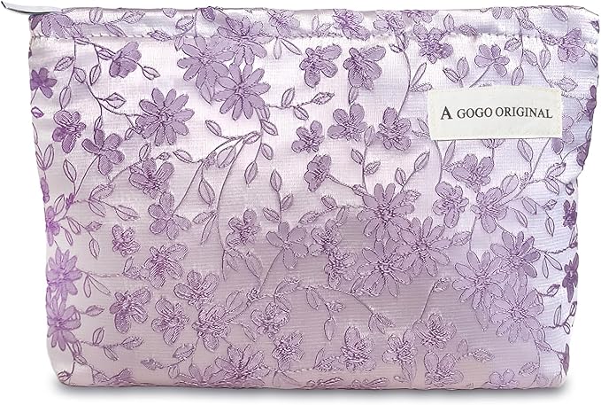 STARDW Aesthetic Floral Makeup Bag Cute Small Cosmetic Bags for Women Girls, Travel Toiletry Bag Large Capacity Zipper Makeup Pouch, Purse Organizer Pouches (Embroidery Purple)
