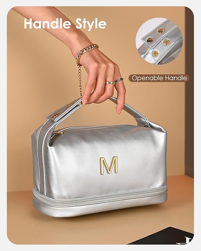 Makeup Bag For Teens 16-18, Personalized Makeup Bag with Handle, Initial Double Layer Cosmetic Bag with Makeup Brush Organizer, Cute Cosmetic Pouch for Women, Gifts for Friends Female Mom