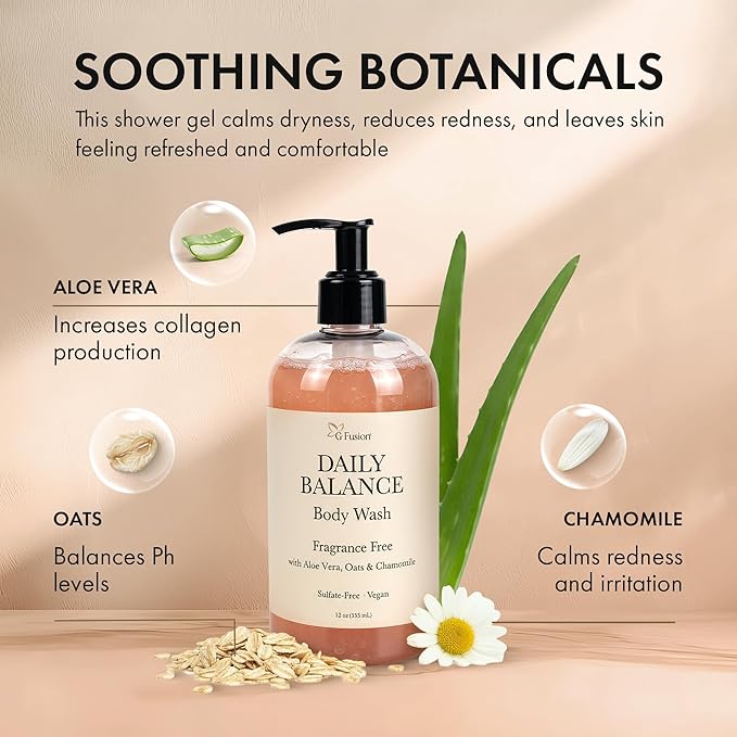 Daily Balance Body Wash – Natural Fragrance Free Cleanser – Plant-Based Hydrating Shower Gel with Oatmeal, Aloe & Chamomile – Vegan, pH Balanced, Sulfate-Free Clean Beauty Care. 12 Fl Oz (355 ML)