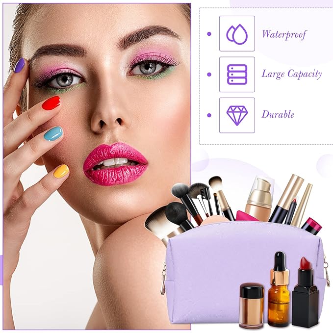 Sanwuta 9 Pcs Makeup Bags Bulk PU Double Zippers Cosmetic Bag Makeup Toiletry Christmas Small Pouch Portable Travel Organizers Case for Women Bridesmaid Party End of The Year(Purple)