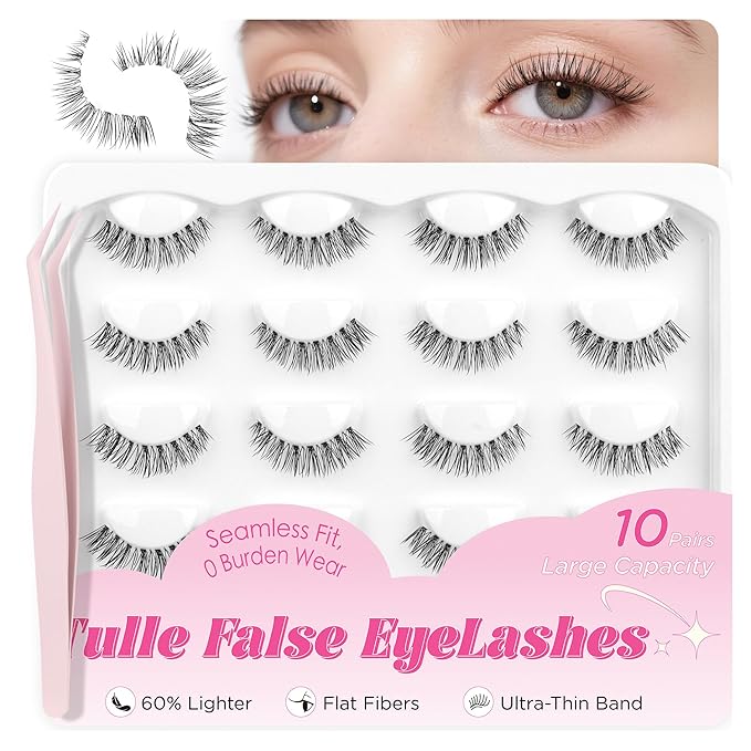 BEPHOLAN False Eyelashes With Tweezers- Ultra-thin False Lashes10 Pairs Eyelashes Pack Natural look Lash Strips Lightweight Lashes with Soft Clear Band(CCS122)