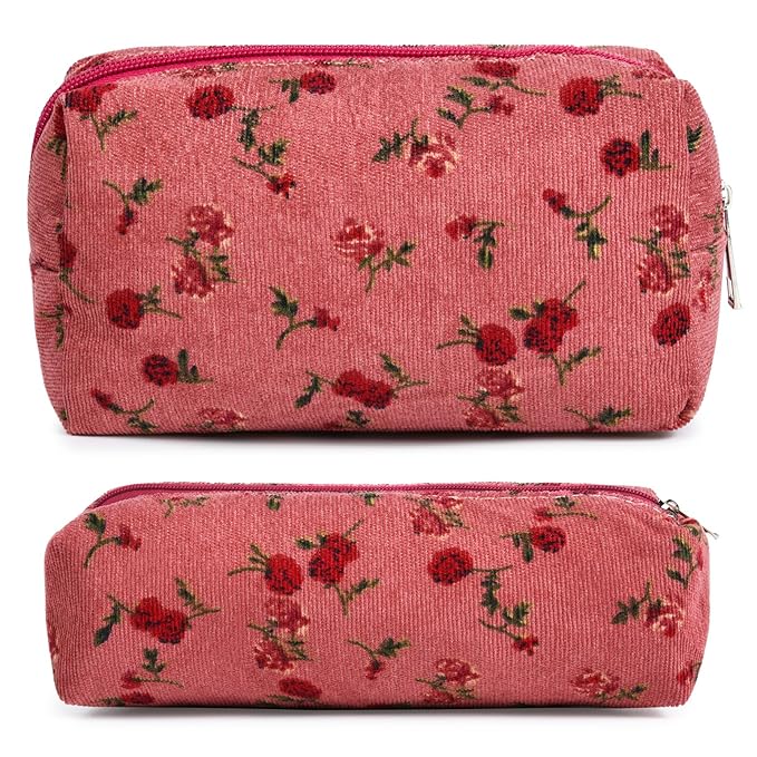 SOIDRAM Makeup Bag Floral Cosmetic Bag Cute Makeup Pouch 1Pcs Large Capacity Makeup Bags and 1Pcs Makeup Brushes Storage Bag Travel Toiletry Bag Organizer