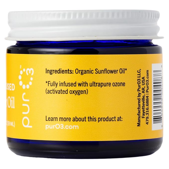 PurO3 Ozonated Sunflower Oil – Pure, Natural, Organic Skincare for Face & Body – Oxygenated Healing Lotion, Moisturizer & Beauty Cream in a Glass Jar – O3 Therapy Salve, 2 oz