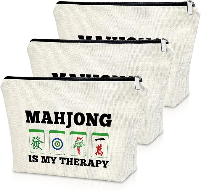 Sazuwu 3PCS Mahjong Gift Makeup Bag Cosmetic Organizers Travel Pouch Mahjong Themed Funny Gift for Players Lover Retirement Christmas Birthday Present