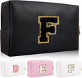 Personalized Initial Letter Patch Makeup Bag, Preppy Portable Chenille Cosmetic Bag with Zipper, PU Leather Waterproof Travel Toiletry Bag Monogram Make Up Pouch for Women Girls