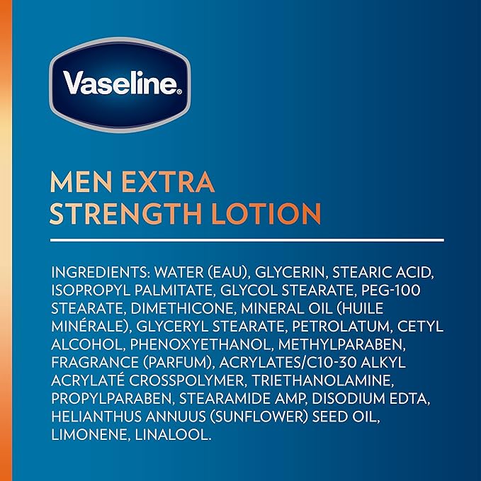 Vaseline Lotion for Men Extra Strength 3-in-1 for Face, Hands & Body + Original Lip Therapy for Dry Lips with Petroleum Jelly (3 Piece Set)