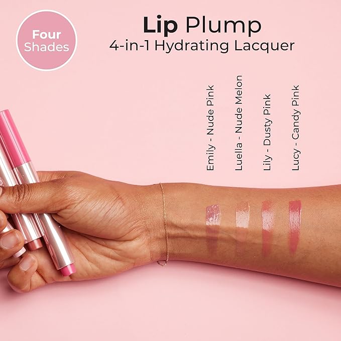 MCoBeauty - Lip Plump 4-in-1 Hydrating Lacquer - Multi-Benefit Lip Color with Shea Butter, Hyaluronic Acid and Click-Pen Format - Emily, Nude Pink Shade - 2.5ml