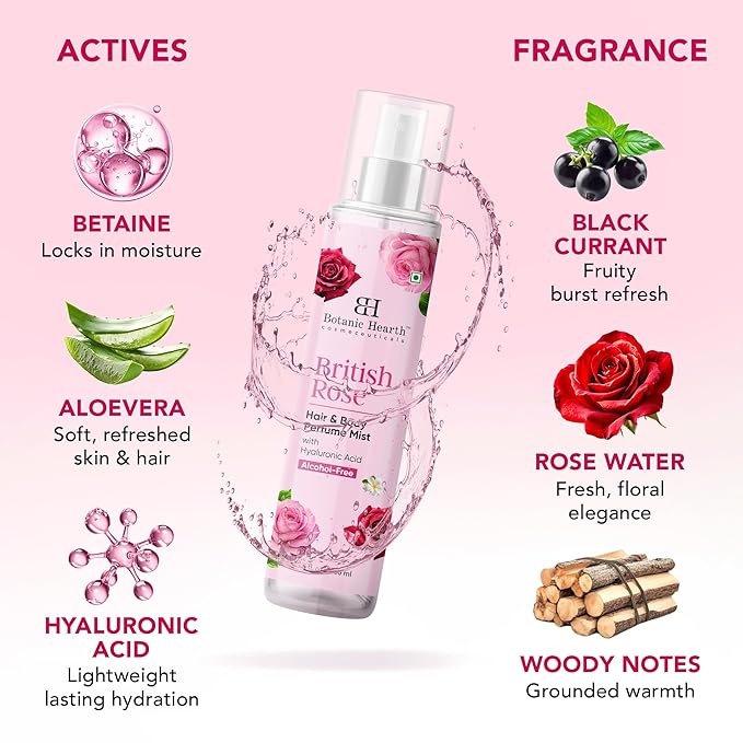 Botanic Hearth British Rose Hair Perfume & Body Perfume Mist with Hyaluronic Acid, Alcohol-Free, Refreshing & Hydrating Body Spray, Long Lasting Floral Fragrance, 100 ml / 3.4 fl oz