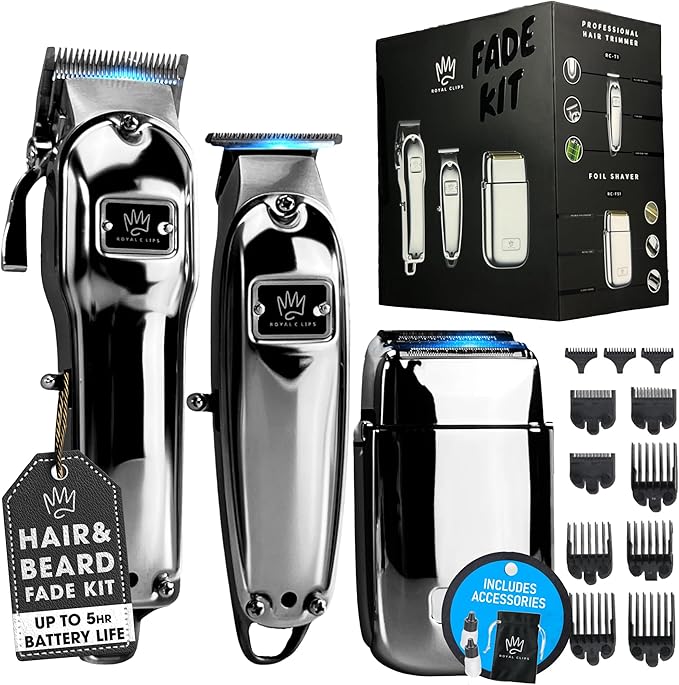 Royal Clips Hair and Beard Fade Kit – Professional Clipper, Trimmer & Foil Shaver Bundle for Men, Complete Haircut Set for Barbers, Home Use & Grooming– Holiday Gift for Men, Fathers, Brothers- Silver