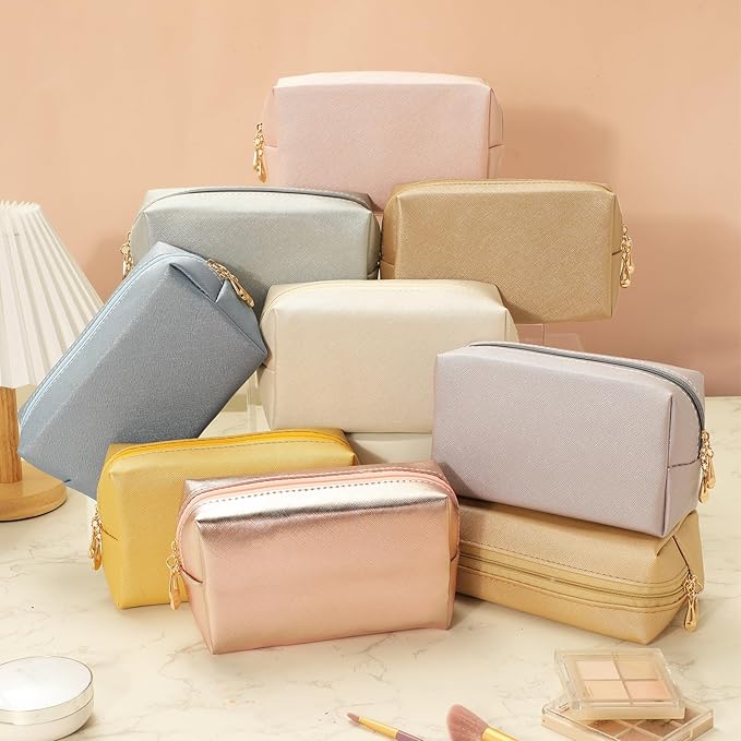 Sanwuta 9 Pcs Makeup Bags Bulk PU Double Zippers Cosmetic Bag Makeup Toiletry Christmas Small Pouch Portable Travel Organizers Case for Women Bridesmaid Party End of The Year(Pearl Color)