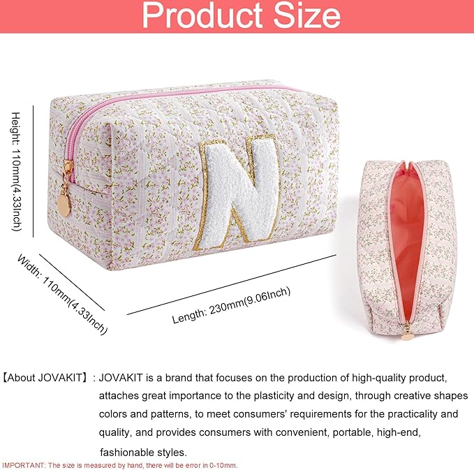 JOVAKIT Alphabet Makeup Bag Cosmetic Bag for Women, Christmas Gifts for Girls Age 6-18, Floral Flowers Coquette Travel Toiletry Zipper Make Up Pouch Organizer Trendy Stuff (Pink Floral N)