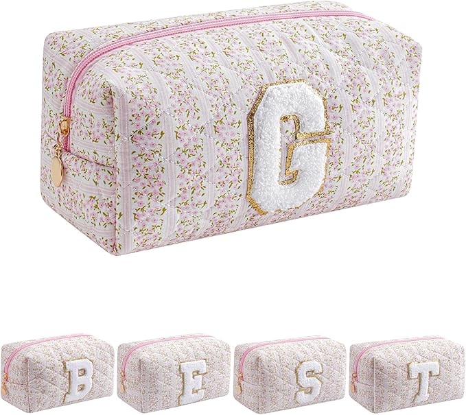 JOVAKIT Makeup Bag Cosmetic Bags for Women, Christmas Gifts for Girls Age 6-18, Alphabet Pink Floral Coquette Zipper Travel Makeup Pouch, Organizer Case Trendy Stuff (Pink Floral G)