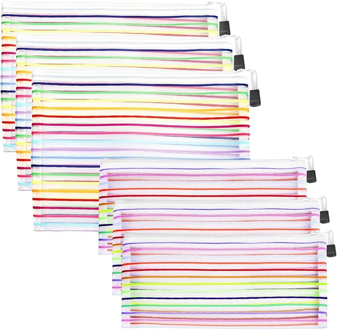 Mesh Bags with Zipper (6 Pack), Nylon Makeup Bag Cosmetic Pouches Travel Organizer Case for Purse Diaper Bag Home Organizing Striped Multi Size White