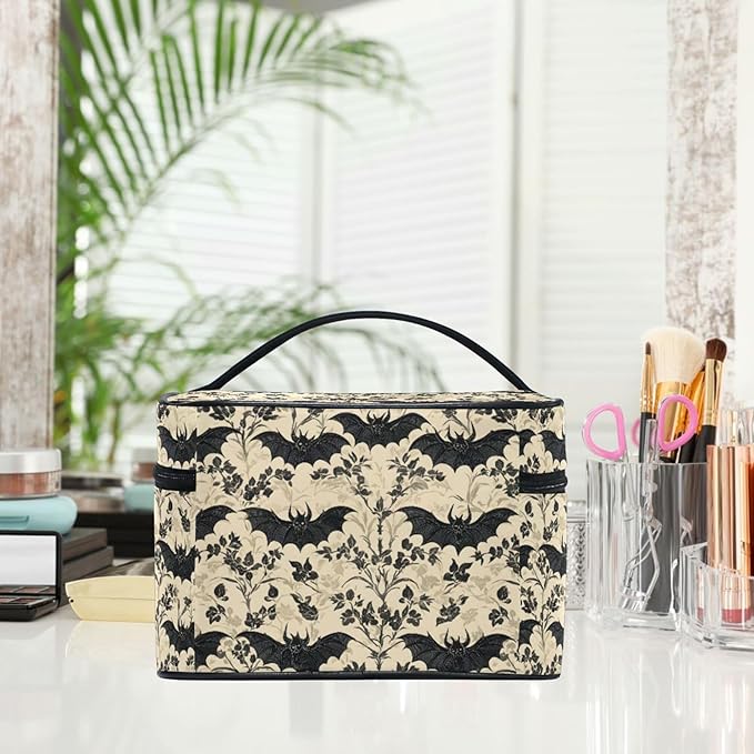 MNSRUU Makeup Bags, Bats and Flowers Vintage Makeup Organizer Bags Toiletry Bag Box Travel Cosmetic Bag Make Up Train Case for Women Teen Girl Ladies