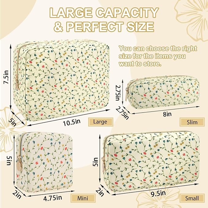 Waterproof Small Floral Makeup Bag Pouch for Purse,Nylon Flower Cosmetic Bag Preppy Travel Toiletry Storage Bag for Women Girl,Cute Makeup Organizer Bag Pouch with Zipper(Small Light Yellow-Flowers)